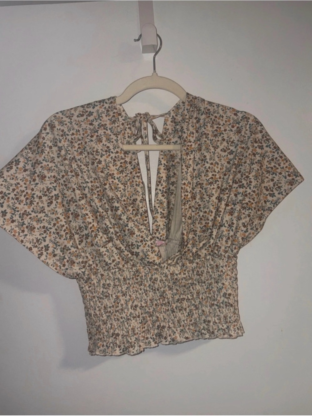 Pink Lily Cream Floral Smocked Tie-Back Crop Top